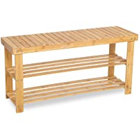 SONGMICS LBS90N-Zapatero Banco- 3 baldas- 90 x 28 x 45 cm- bambú- Naturaleza- 90 x 45 x 28 cm
